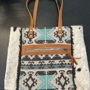 Myra Bag Tan and Blue Patterned Tote Isabela tote Western style 16x18
